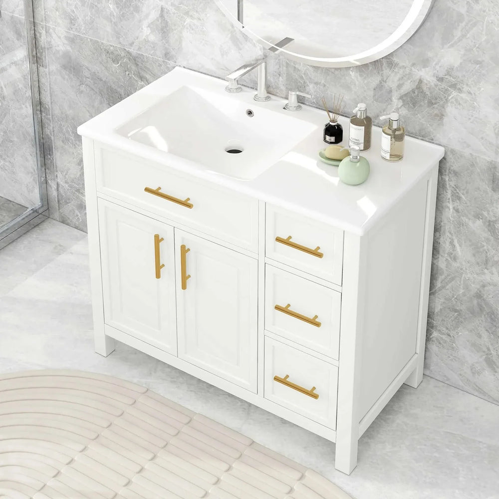 Bathroom Vanity Solid Wood & MDF White Finish With Sink Top & Ample Storage Media 1