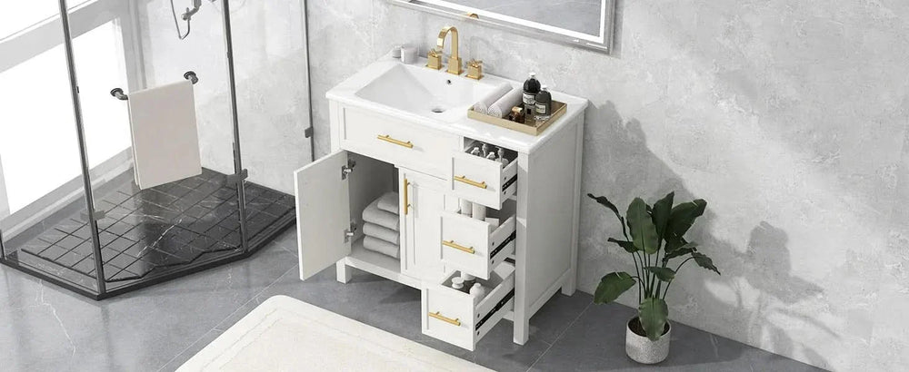 Bathroom Vanity Solid Wood & MDF White Finish With Sink Top & Ample Storage Media 31