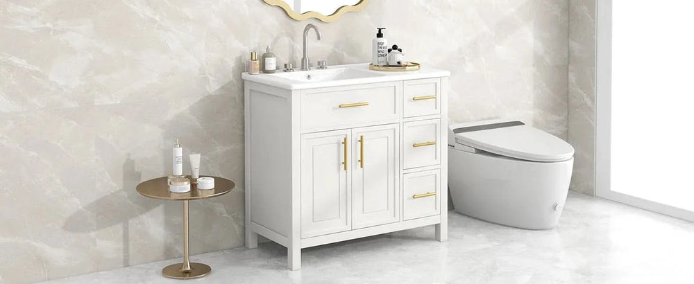 Bathroom Vanity Solid Wood & MDF White Finish With Sink Top & Ample Storage Media 30