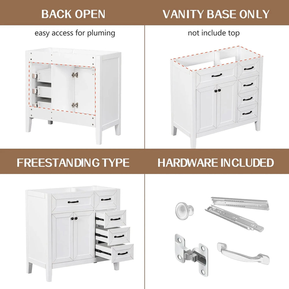 36' Bathroom Vanity without Sink, Cabinet Base Only, Bathroom Cabinet with Drawers, Solid Frame and MDF Board, White - DTY Store
