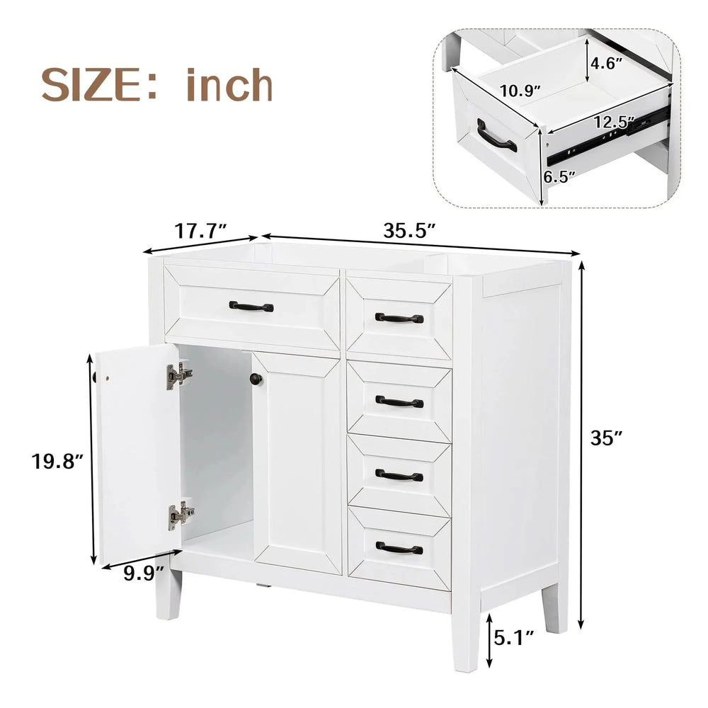 36' Bathroom Vanity without Sink, Cabinet Base Only, Bathroom Cabinet with Drawers, Solid Frame and MDF Board, White - DTY Store