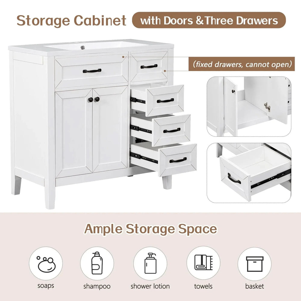 36' Bathroom Vanity without Sink, Cabinet Base Only, Bathroom Cabinet with Drawers, Solid Frame and MDF Board, White - DTY Store