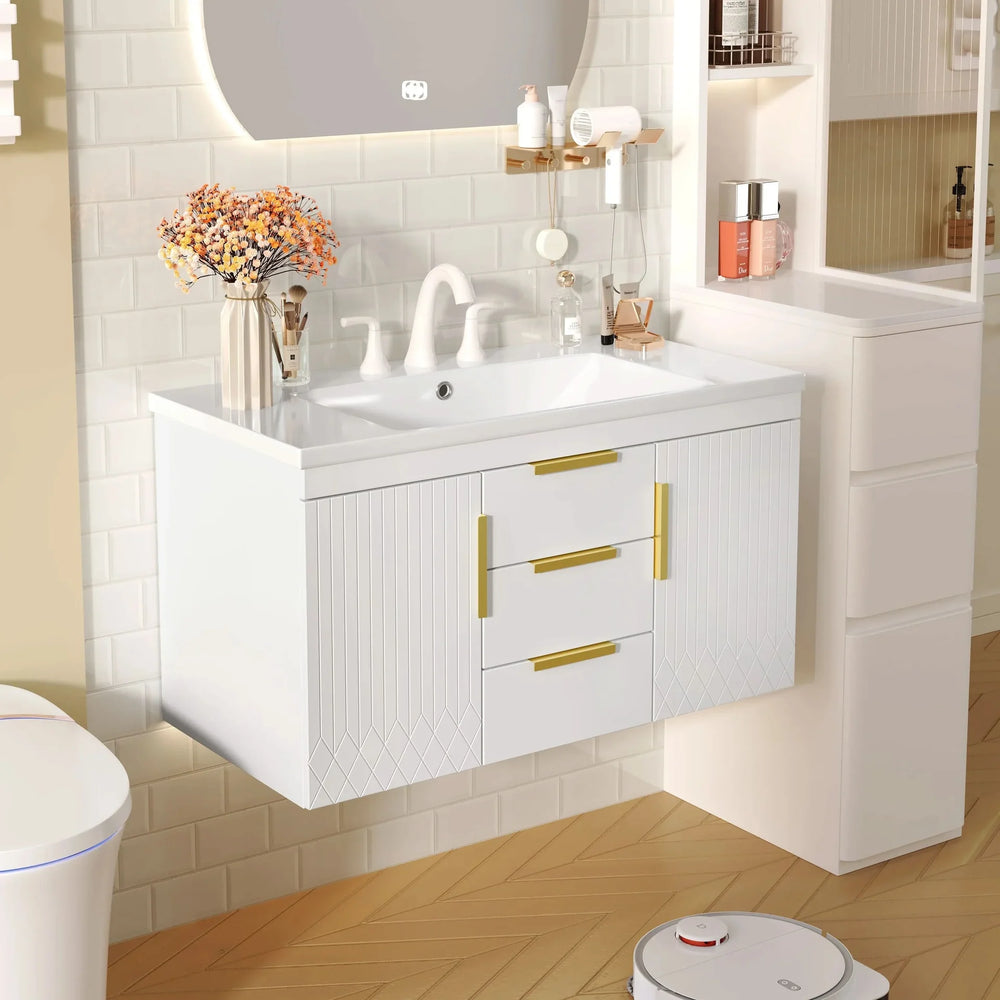Bathroom Vanity Wall Mount Wood Storage Cabinet 2 Drawers Modern White Media 2