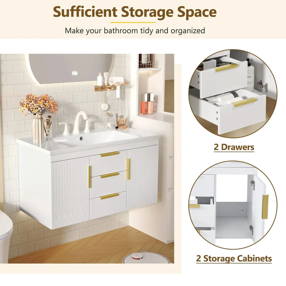 Bathroom Vanity Wall Mount Wood Storage Cabinet 2 Drawers Modern White Media 7