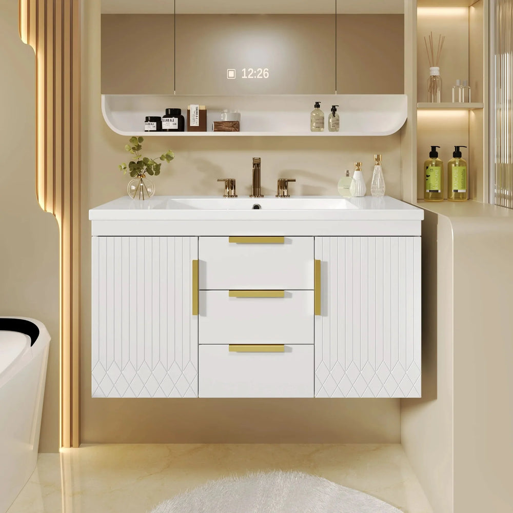 Bathroom Vanity Wall Mount Wood Storage Cabinet 2 Drawers Modern White Media 3