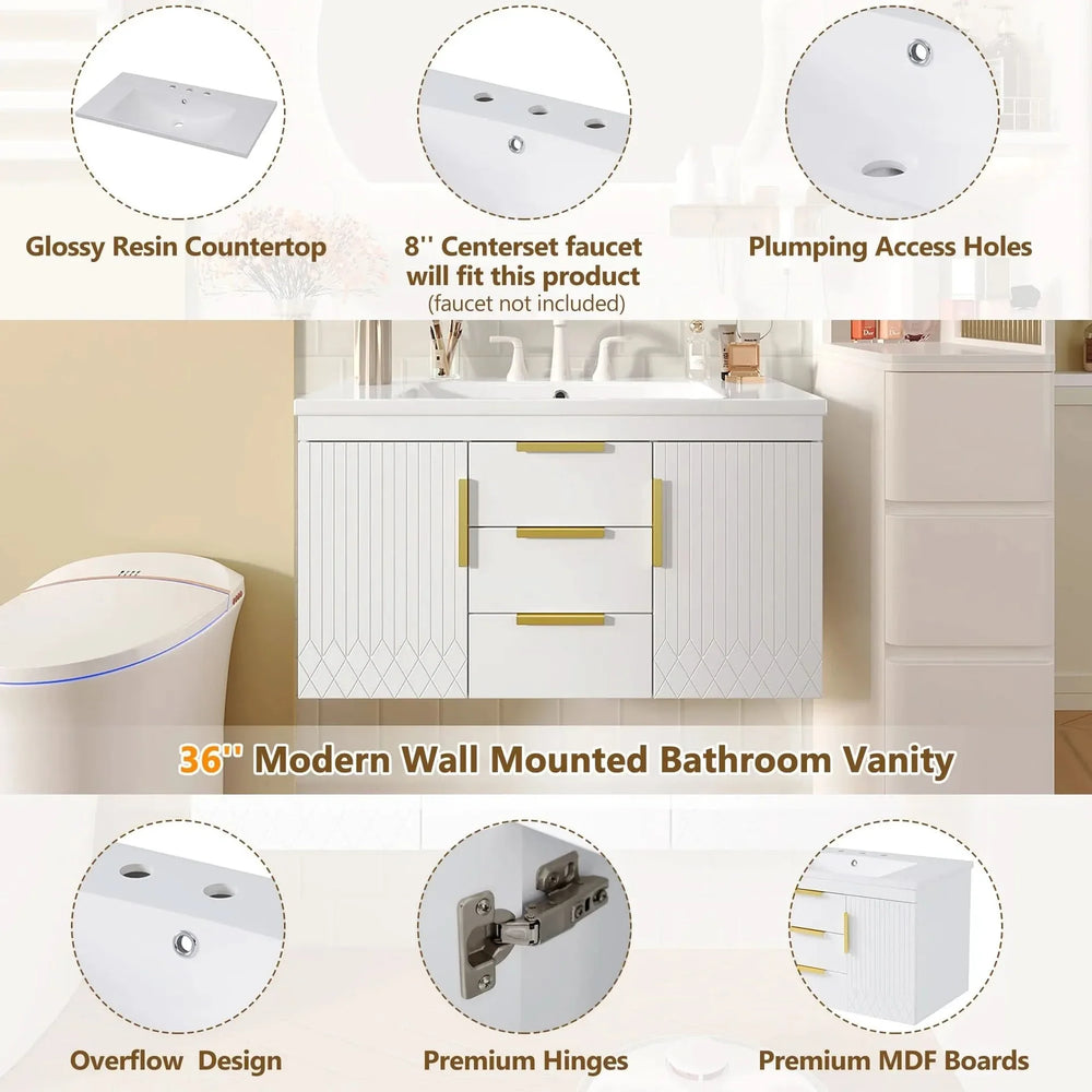 Bathroom Vanity Wall Mount Wood Storage Cabinet 2 Drawers Modern White Media 8
