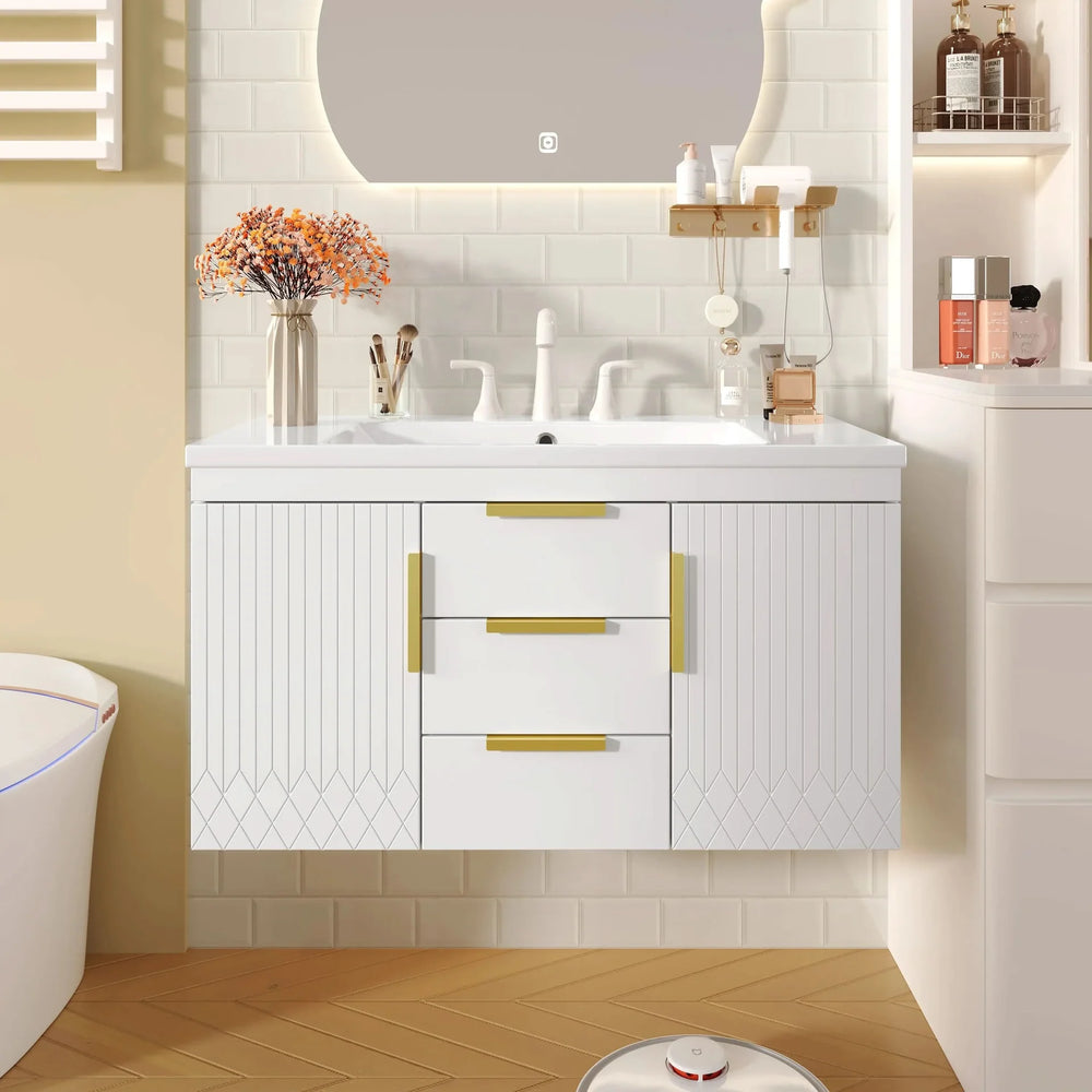 Bathroom Vanity Wall Mount Wood Storage Cabinet 2 Drawers Modern White Media 1