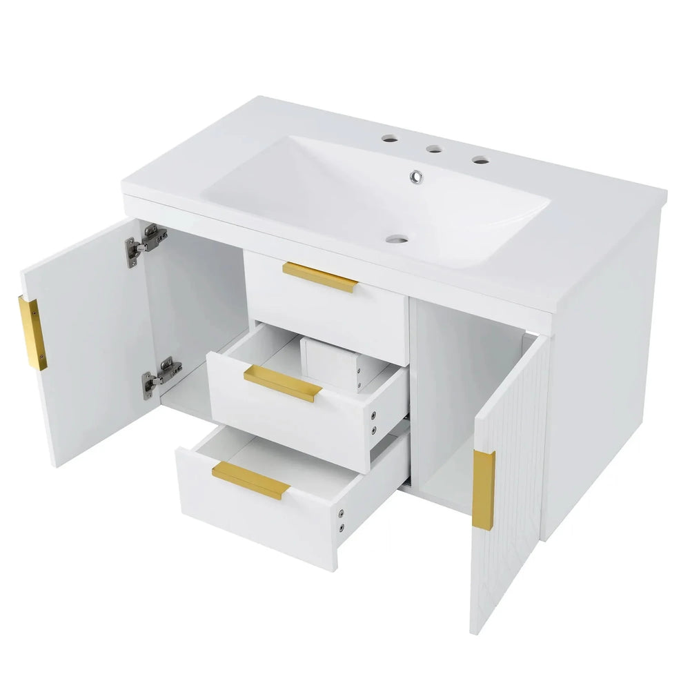 Bathroom Vanity Wall Mount Wood Storage Cabinet 2 Drawers Modern White Media 15