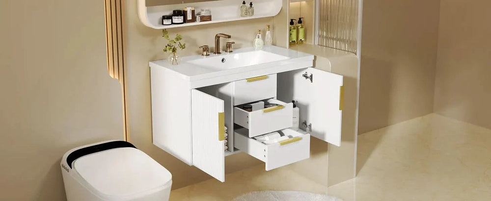 Bathroom Vanity Wall Mount Wood Storage Cabinet 2 Drawers Modern White Media 23