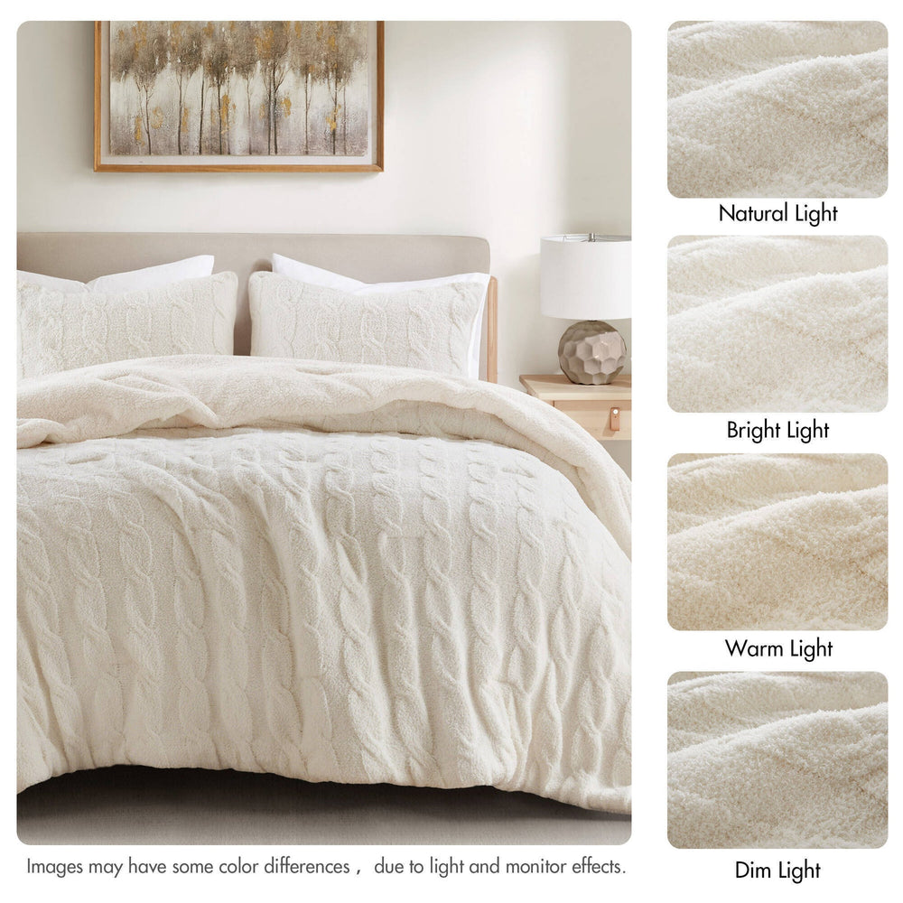 3 Pieces Full/Queen Cable Knit Chenille Comforter Set,Ivory Media 2