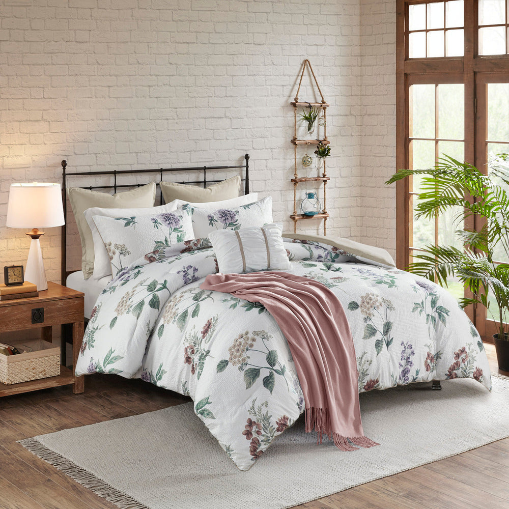 7 Piece Printed Seersucker Comforter Set with Throw Blanket Taupe/Blush King/Cal King Media 11