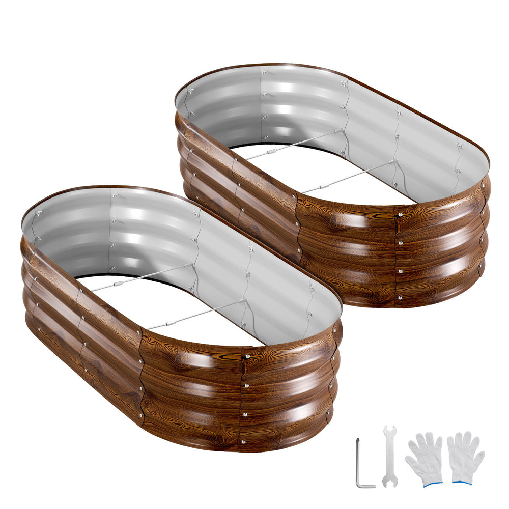 2 Pack Galvanized Raised Garden Beds, 4 x 2 x 1 ft, Oval Metal Planter Boxes Kit Outdoor, Bottomless Elevated Garden Box with Gloves, Alu-Zinc, for Planting Flowers Vegetables, Deep Wood Grain Media 8