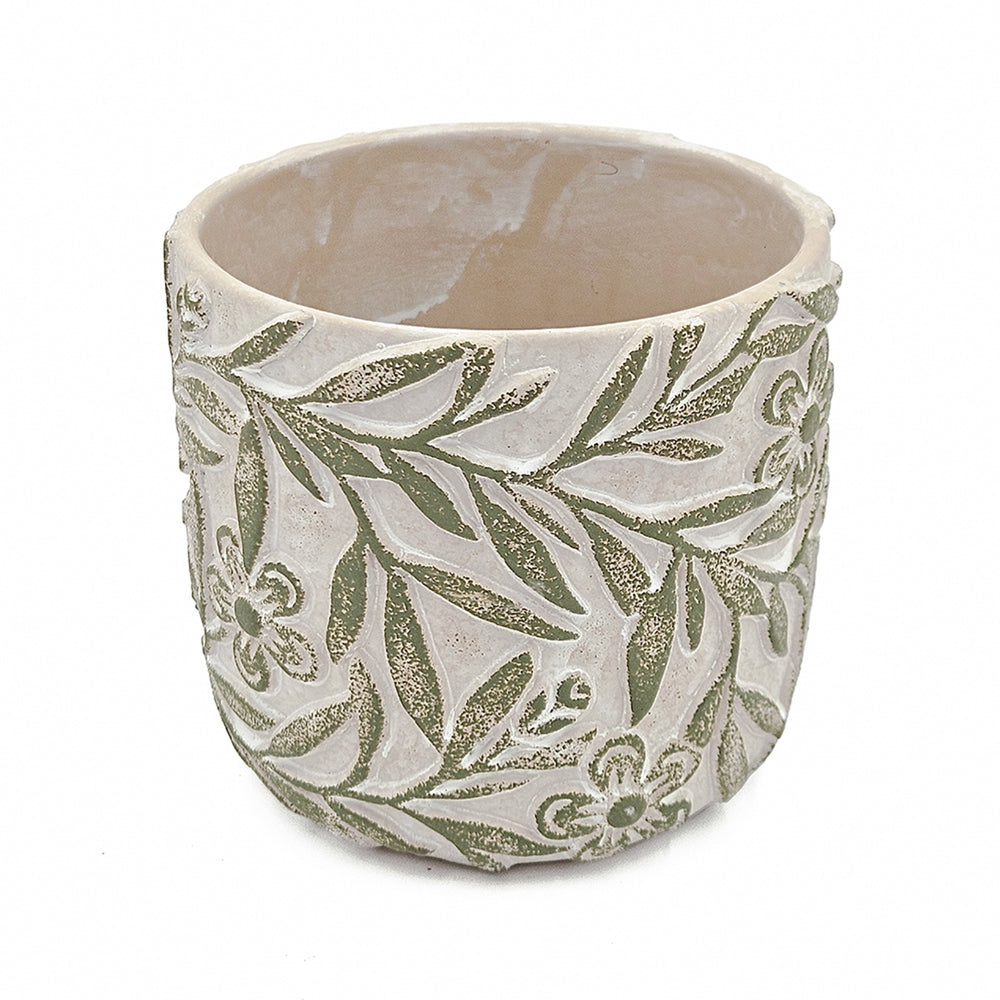S/2 Gray Sand and Cement Planters with Etched Green Floral Motif, L:D6.7x6.3' S:D5.5x5' Media 6