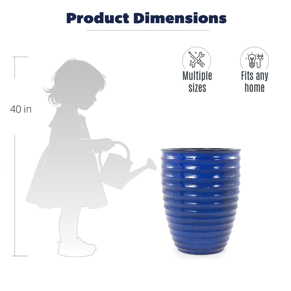 Handmade Sapphire Blue Ceramic Planter, 17 Inch Diameter, 1 Piece, Horizontal Ripples Pattern, for Monstera and Fiddle Leaf Fig, Indoor & Outdoor Doorway Use, Breathable Clay Media 6