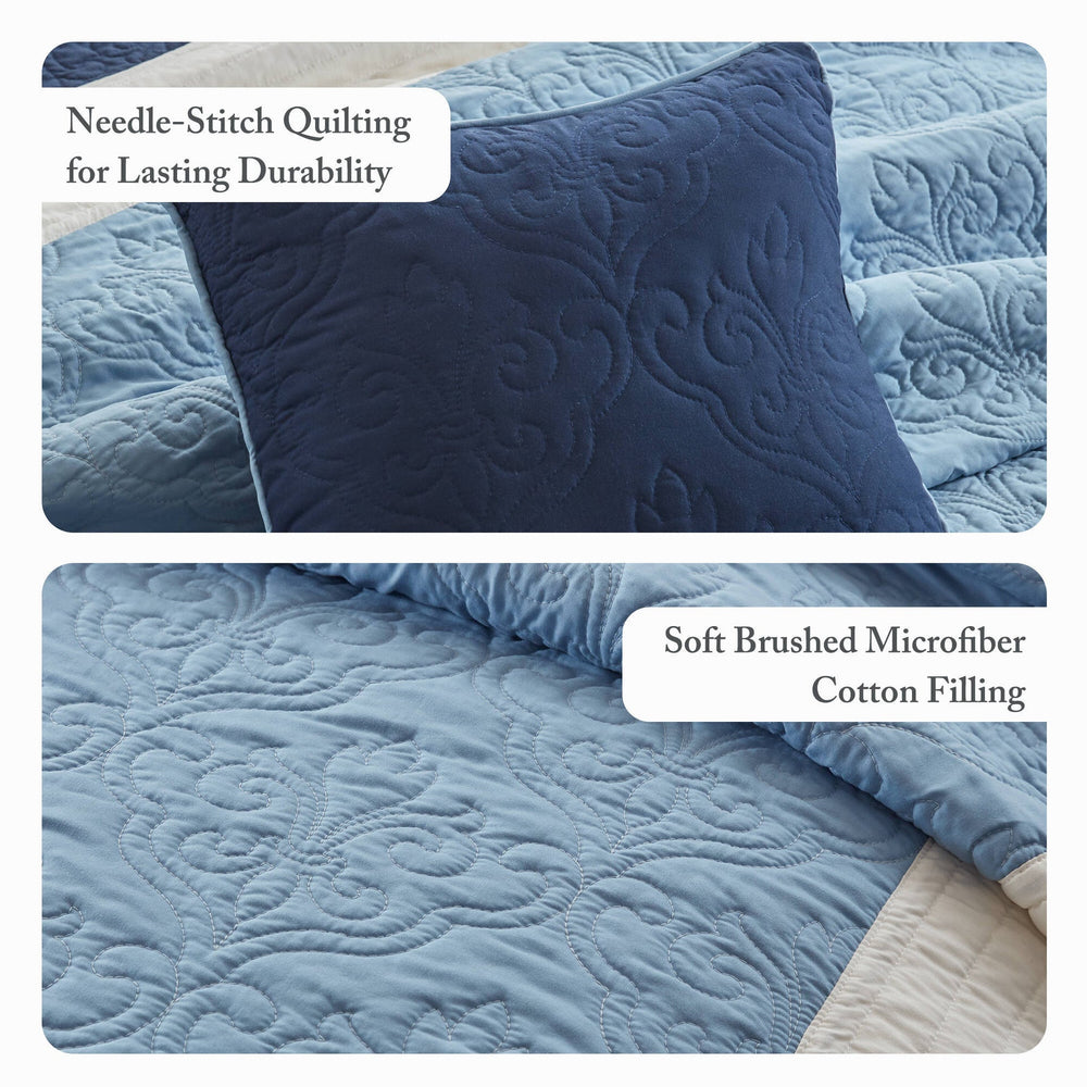 7-Piece Full/Queen 7 Piece Quilt Set with Euro Shams and Throw Pillows,Navy Media 9