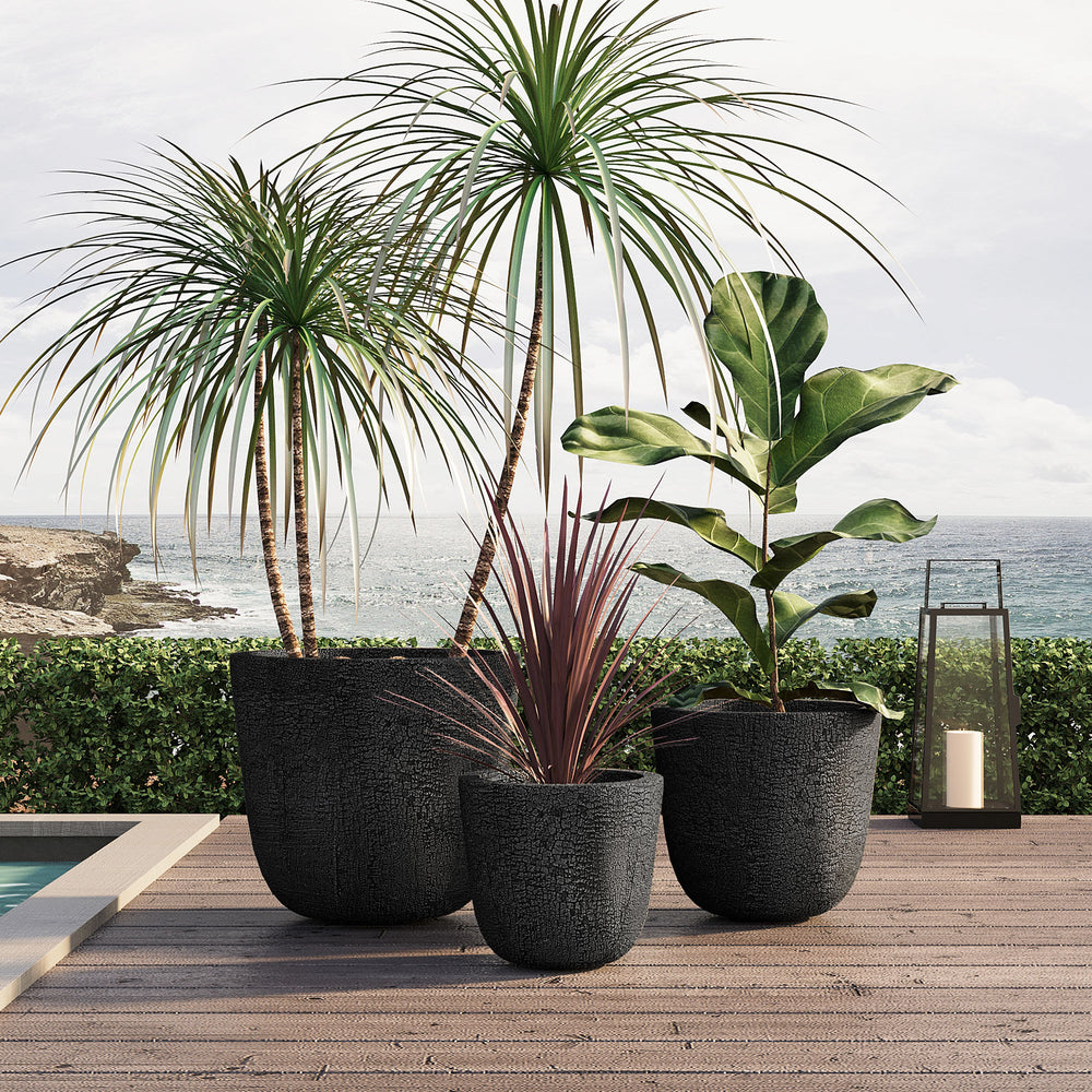 U_STYLE Lightweight MGO Planter Set of 3,16.93'+13.78'+11.02' Dia Round Concrete Stackable Flower Pots with Drainage Holes and Rubber Plug,Crackle Stone Texture for Patio Garden Balcony Indoor Outdoor Media 2