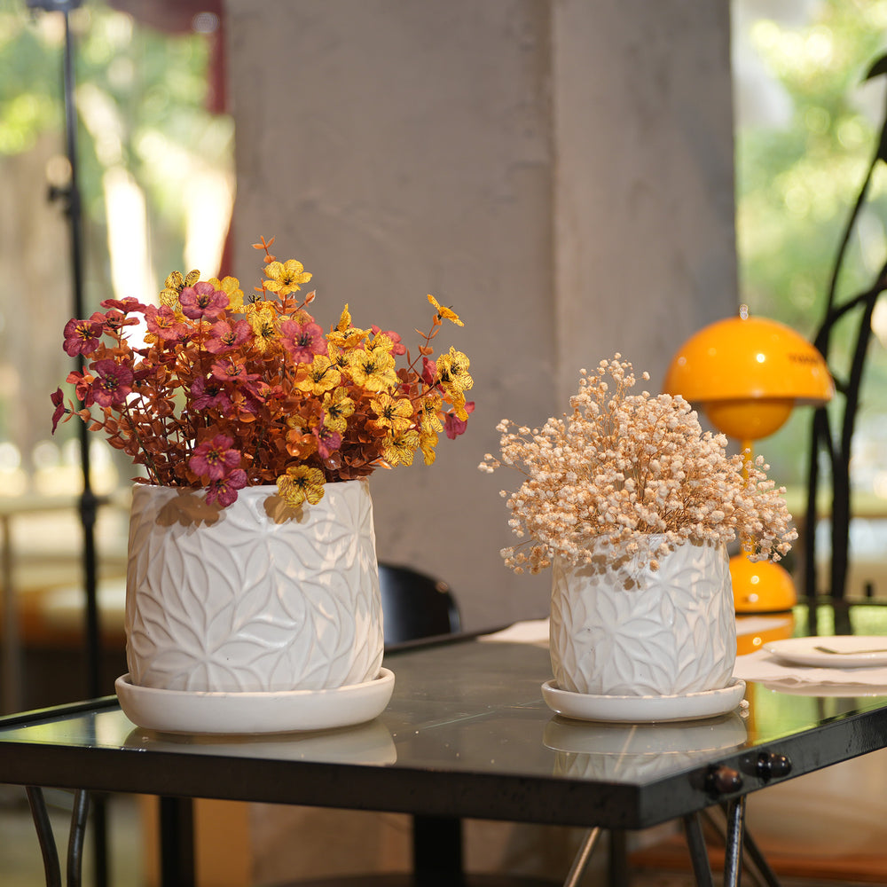 Handmade White Glossy Ceramic Planter Set of 2, 6' & 8' Diameter, Leaf Pattern Design, for Succulents and Herbs Indoor/Outdoor Shelf & Table Use, Breathable Clay with Saucers Media 2