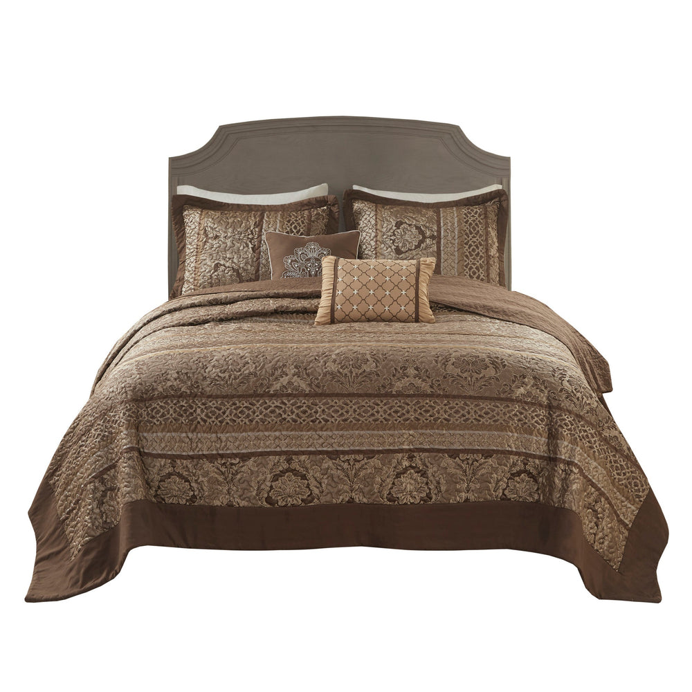 5 Piece Reversible Jacquard Bedspread Set Brown/Gold King Media 13