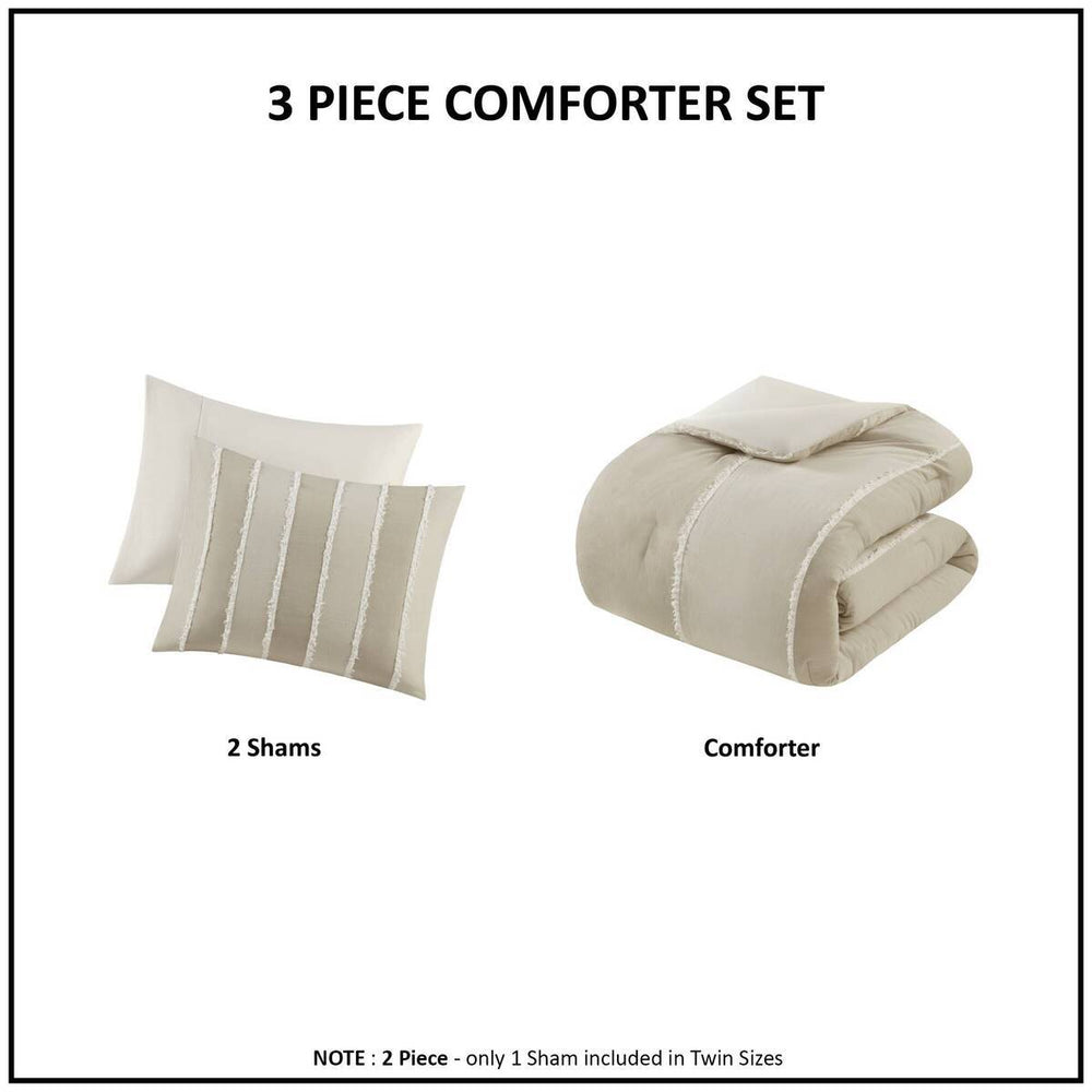 3 Piece Striped Cotton Comforter Set Taupe King/Cal King Media 9