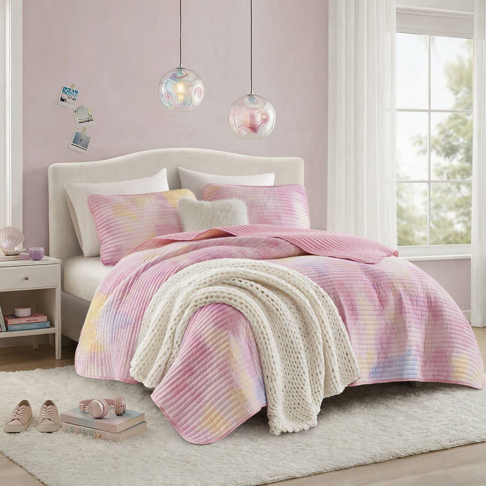 4 Pieces Full/Queen Watercolor Tie Dye Printed Quilt Set with Throw Pillow,Pink Media 18