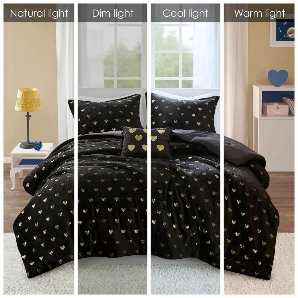 3 PCS Twin/Twin XL Metallic Printed Plush Comforter Set with Throw Pillow Black/Gold Media 5