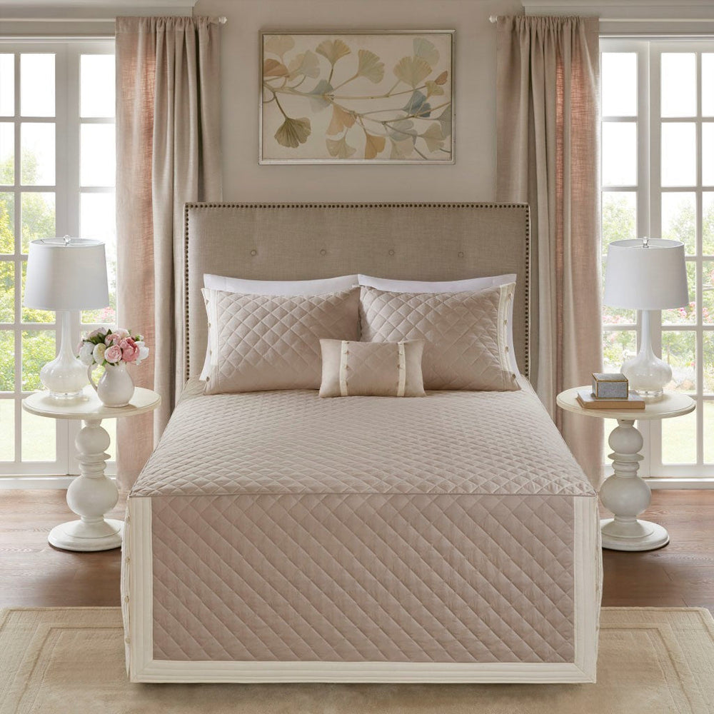 4 Piece Cotton Reversible Tailored Bedspread Set Khaki Queen Media 6
