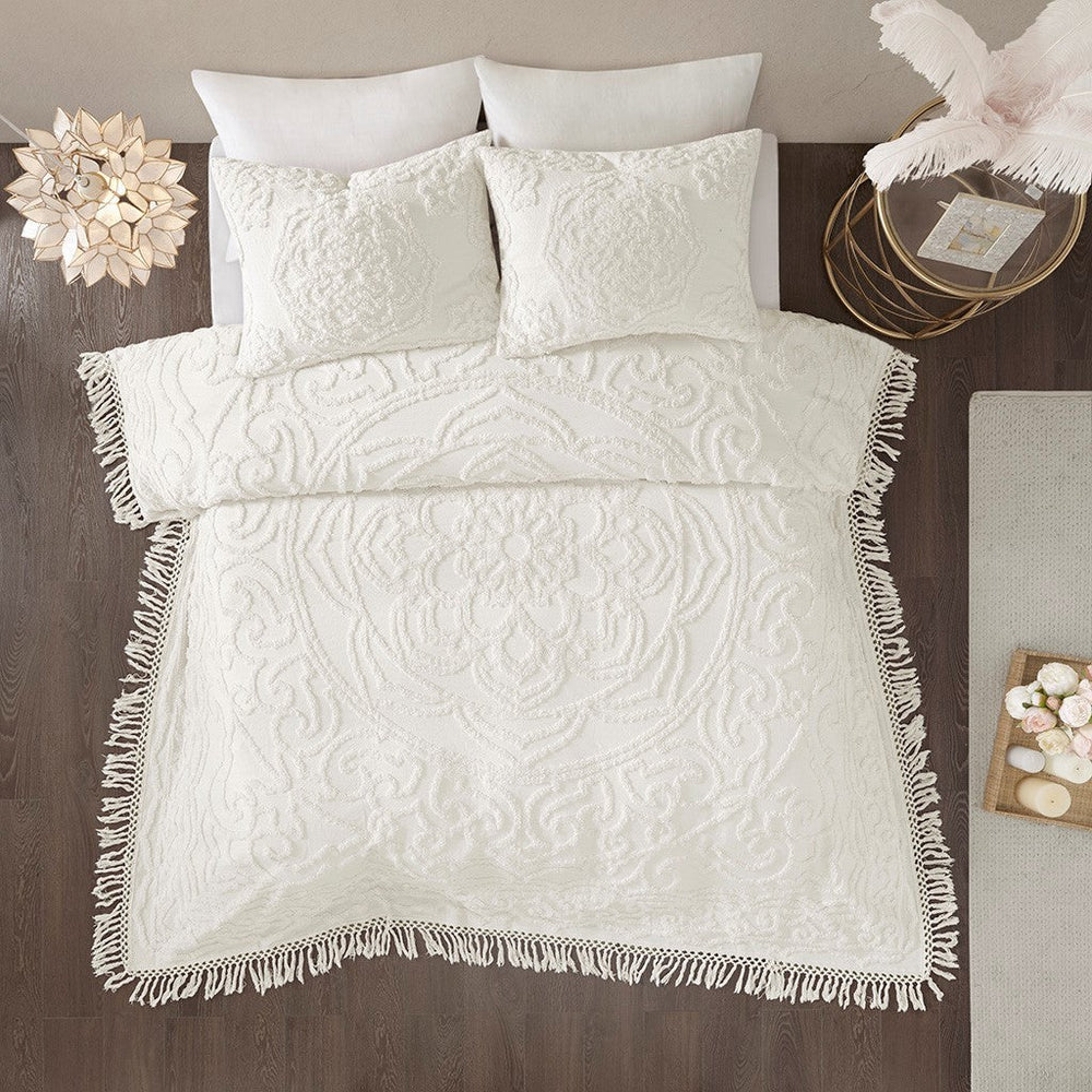 Tufted Cotton Chenille Medallion Fringe Coverlet Mini Set Off-White King/Cal King Media 3