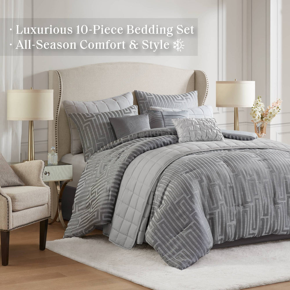 10 PCS King Luxury Jacquard Comforter Set Grey Media 3