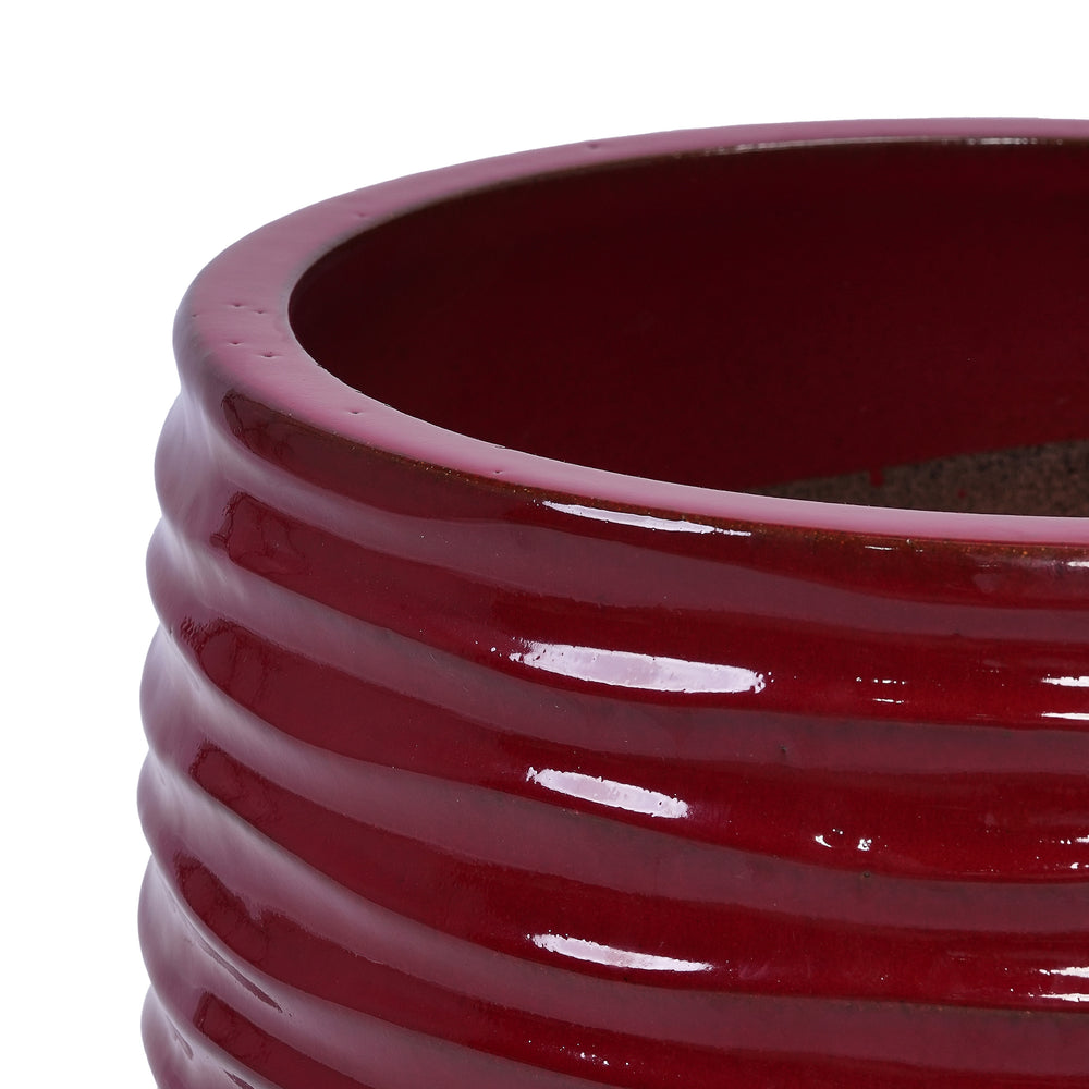Handmade Glazed Ceramic Planter Set of 3, 15/11/8 Inch Diameter, Horizontal Groove Pattern, for Succulents & Flowering Plants Outdoor Garden & Indoor Staircase Bookshelf Use, Breathable Clay, Deep Red Media 17