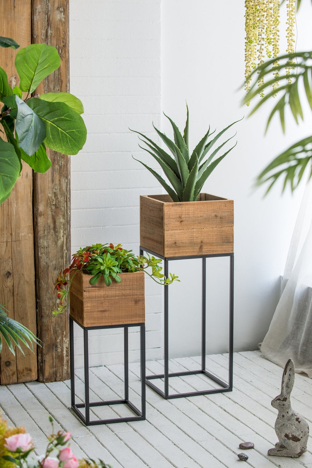 Set of 2 Reclaimed Wooden Box With Black Iron Stand, L:11x11x29.5' S:8.5x8.5x21.5' Media 14