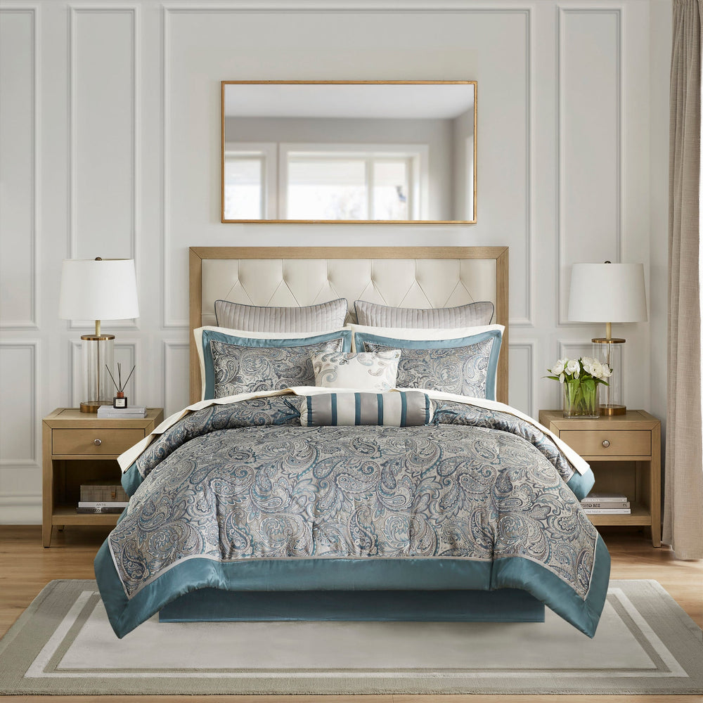 12 Piece Comforter Set with Cotton Bed Sheets Teal King Media 16