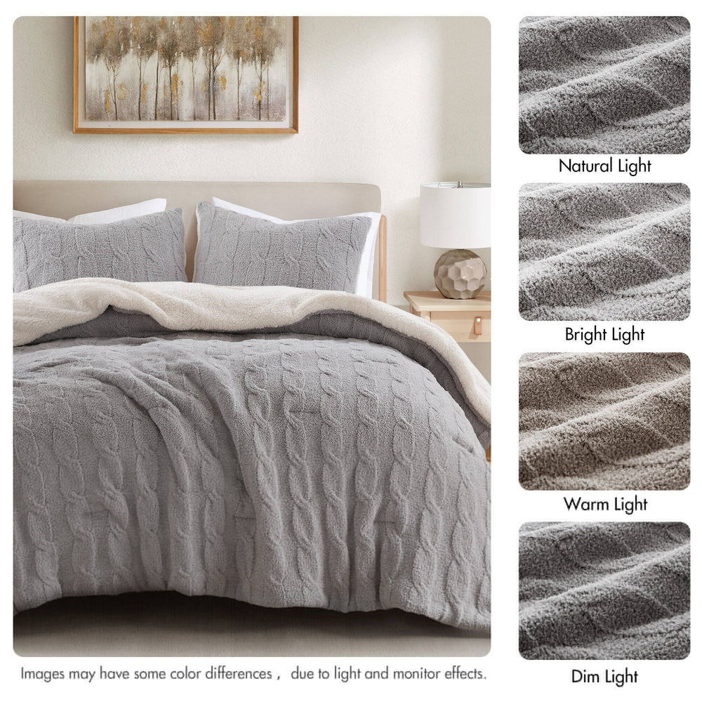 2 Pieces Twin Cable Knit Chenille Comforter Set,Gray Media 3