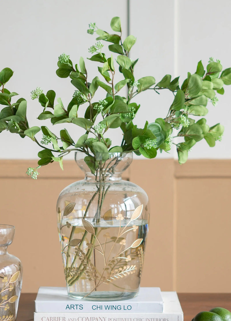 Curved Glass Accent Vase with Gold Floral Motifs