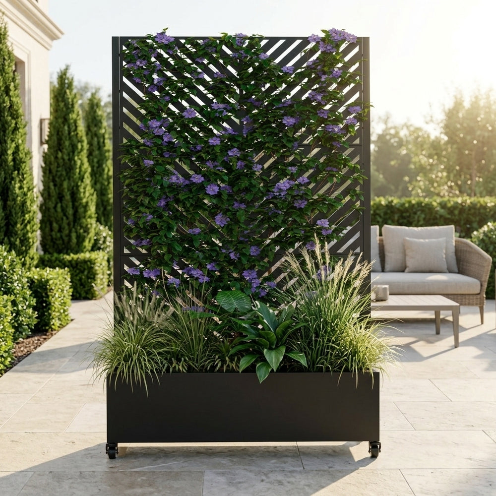 Metal Planter Box with Trellis,  73'x47'x16' Metal Raised Garden Bed with Trellis, Metal Planter Box with Drainage Holes & Lockable Wheels & Privacy Screen for Climbing Plants, Vegetables, Vines Media 1