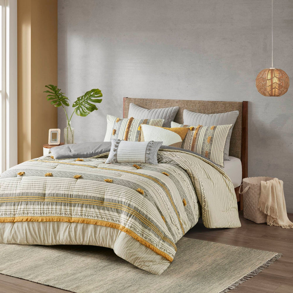 3 Piece Cotton Comforter Set Gray/Yellow Full/Queen Media 2