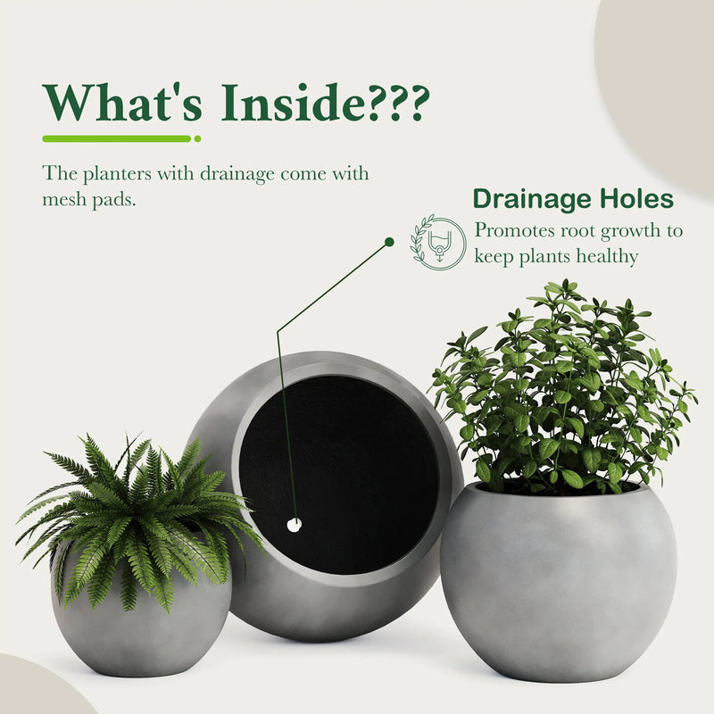 DTY Fiberstone Globe Planter Indoor Outdoor — Lightweight Sphere Ball Pot for Olive Tree, Monstera & Palm | Fiberglass Stone | UV Resistant, Drainage Hole | 2 Coco Mats | Black | 12.6" D × 10" H