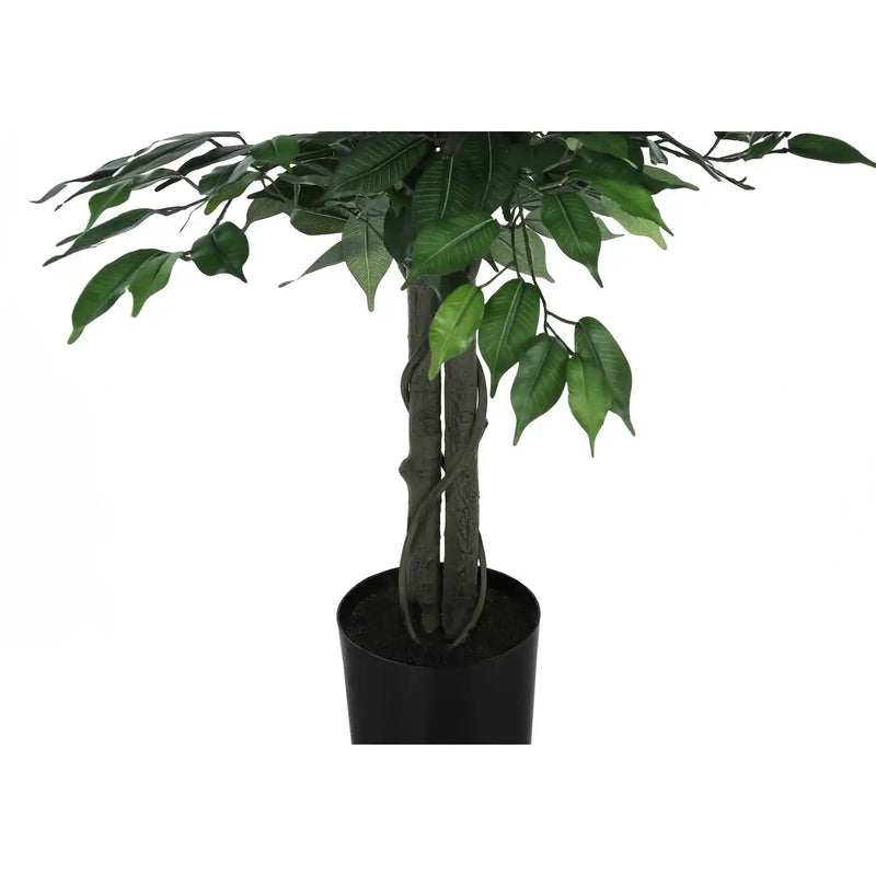 Artificial Ficus Tree Indoor Floor Plant, 58' Tall, Green Leaves, Black Pot, Faux Greenery Decorative Potted Plant