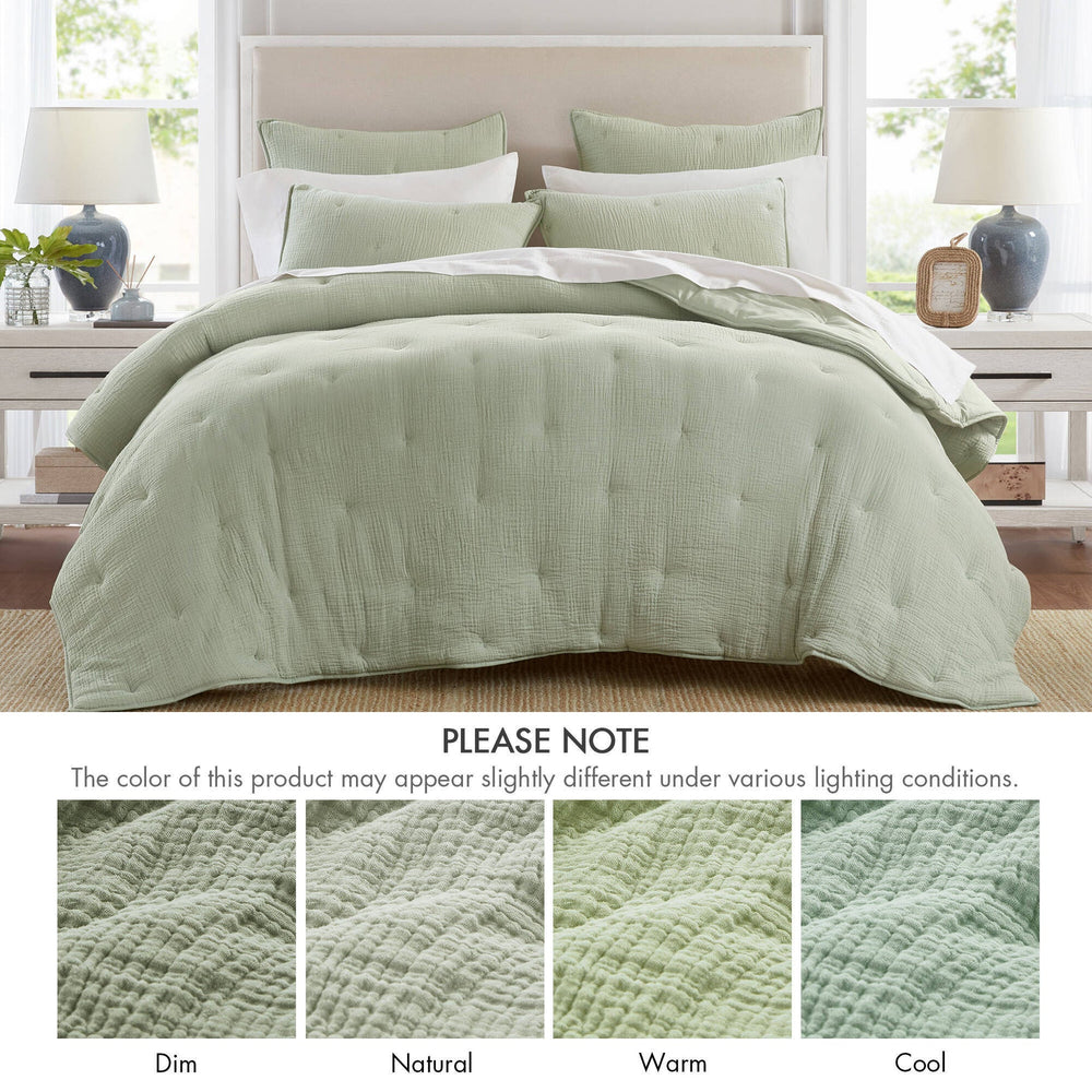 3-Piece Full/Queen Cotton  Embroidered Quilt Set,Sage Media 3