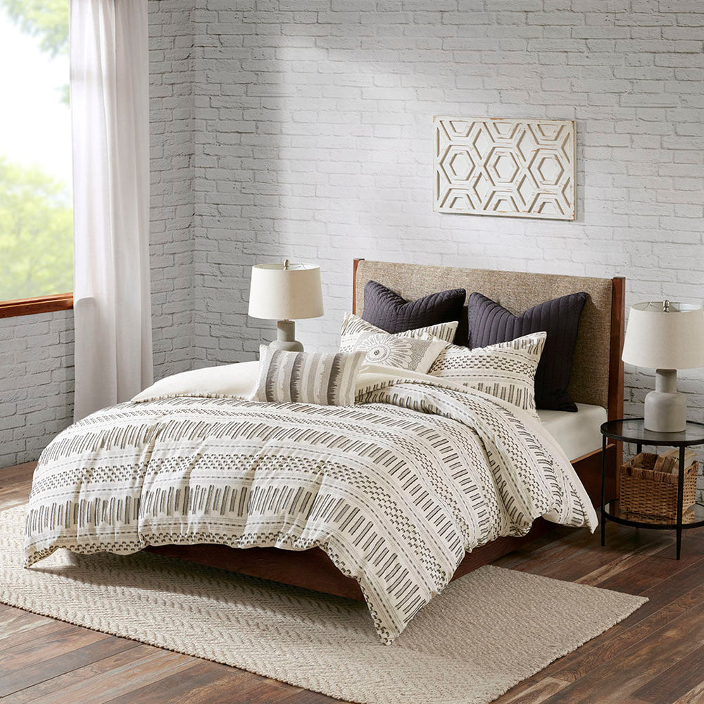 Cotton Jacquard Comforter Mini Set Ivory/Charcoal King/Cal King Media 1