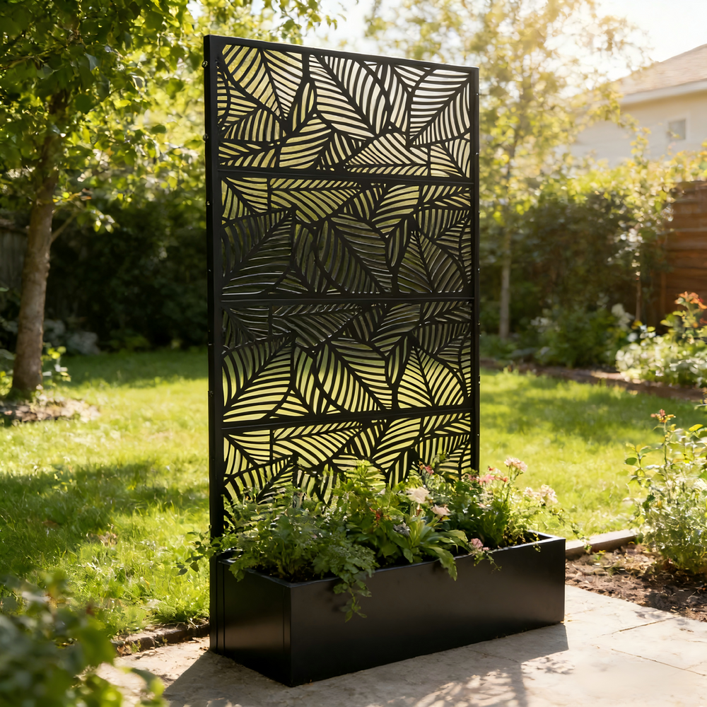 70.87' H × 46.06' W Leaf Pattern Privacy Screen with Planter Box, Black Metal Freestanding Decorative Fence Planter for Patio Balcony Backyard Media 9