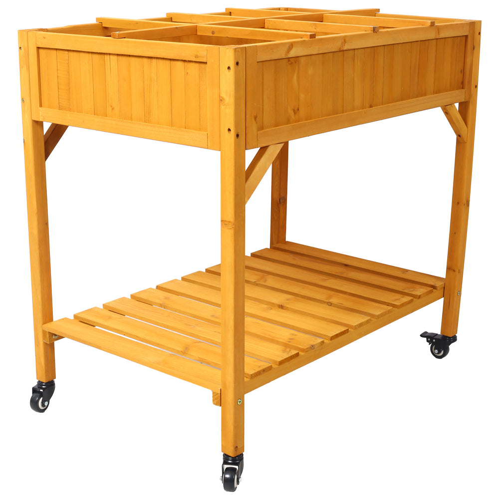 Elevated 8 Pocket Herb Garden Bed, Mobile Raised Customizable Wood Planter for Herbs, Vegetables, Flowers w/ Lockable Wheels, Storage Shelf, Drainage Holes Media 10
