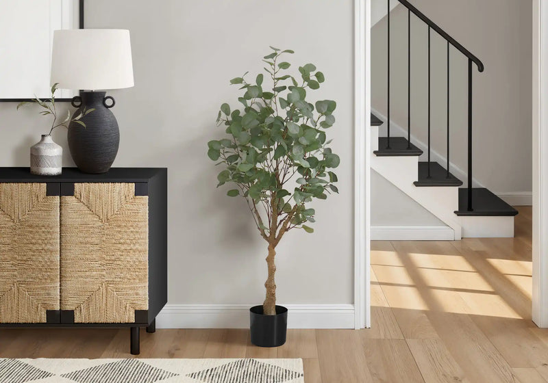 Artificial Plant, 46' Tall, Eucalyptus Tree, Indoor, Faux, Fake, Floor, Greenery, Potted, Decorative, Green Leaves, Black Pot
