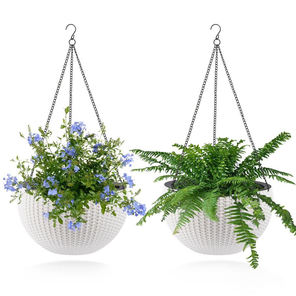 13.4 inch Self-Watering Hanging Rattan-Inspired Planter Large Capacity, Root-Rot Resistant Water Storage with Water Level Indicator, Dual-Use for Indoor & Balcony Decoration (Pack of 2, White) Media 13