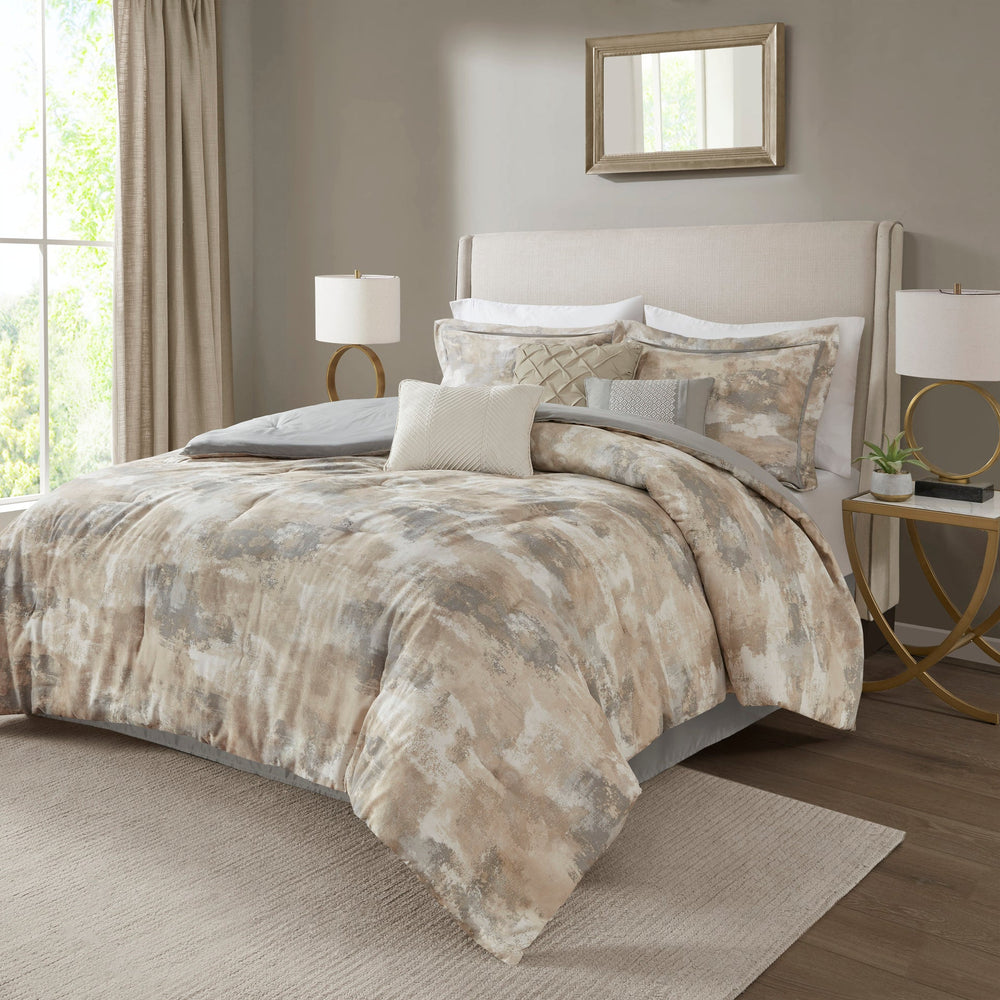 7 Piece Textured Cotton Blend Comforter Set Gray King Media 1