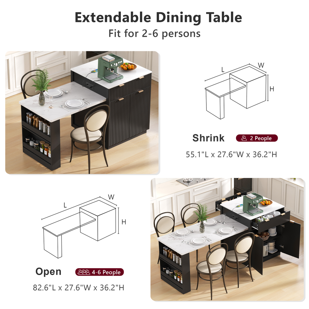 Kitchen Island Modern With Extendable Dining Table & Power Outlet For 4-6 People Black Media 6
