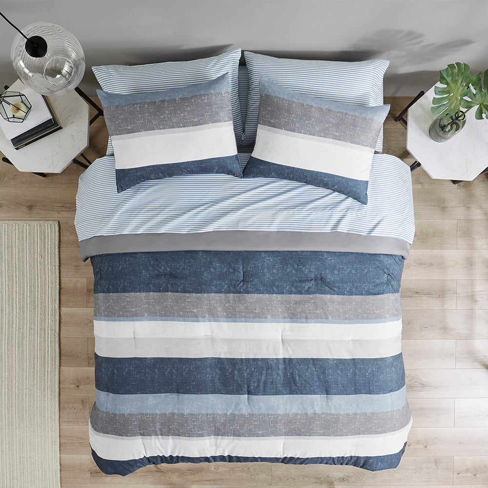 Stripe Comforter Set with Bed Sheets Blue/Grey Queen Media 9