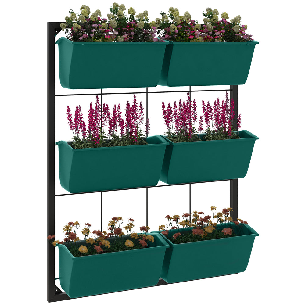 Outsunny 3-Tier Wall Planter with 6 Pots for Indoor and Outdoor Use, Hanging Plant Holder, Self Draining Wall Mounted Planter for Vegetables, Flowers, Herbs, Green Media 1