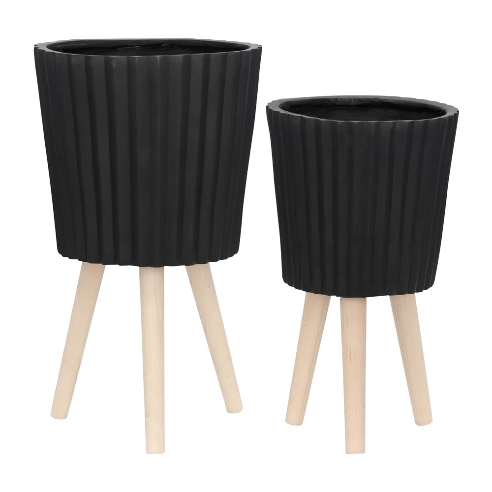 S/2 10/12' RIDGED PLANTER W/ WOOD LEGS, BLACK (KD) Media 2