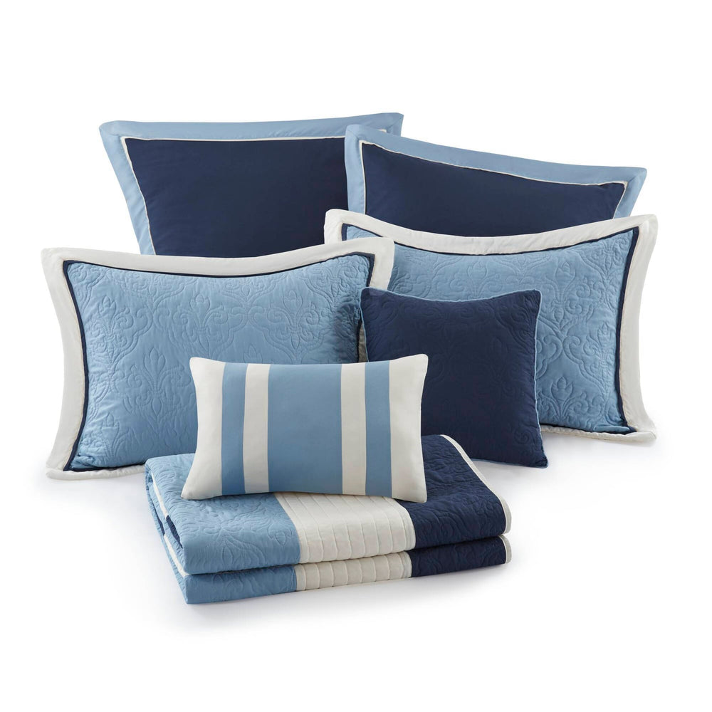 7-Piece Full/Queen 7 Piece Quilt Set with Euro Shams and Throw Pillows,Navy Media 12