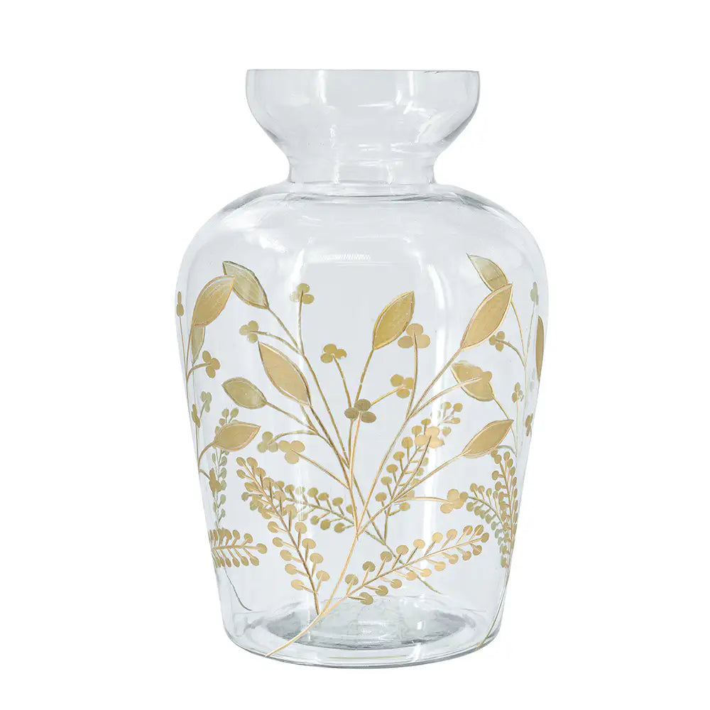 26928873 D7.9x12.6' Curved Glass Accent Vase with Gold Floral Motifs     DTY Store Curved Glass Accent Vase with Gold Floral Motifs     DTY Store